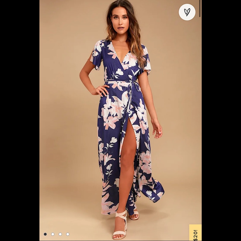 Lulu’s Azalea Regalia Navy Blue Floral Print Wrap Maxi Dress size L